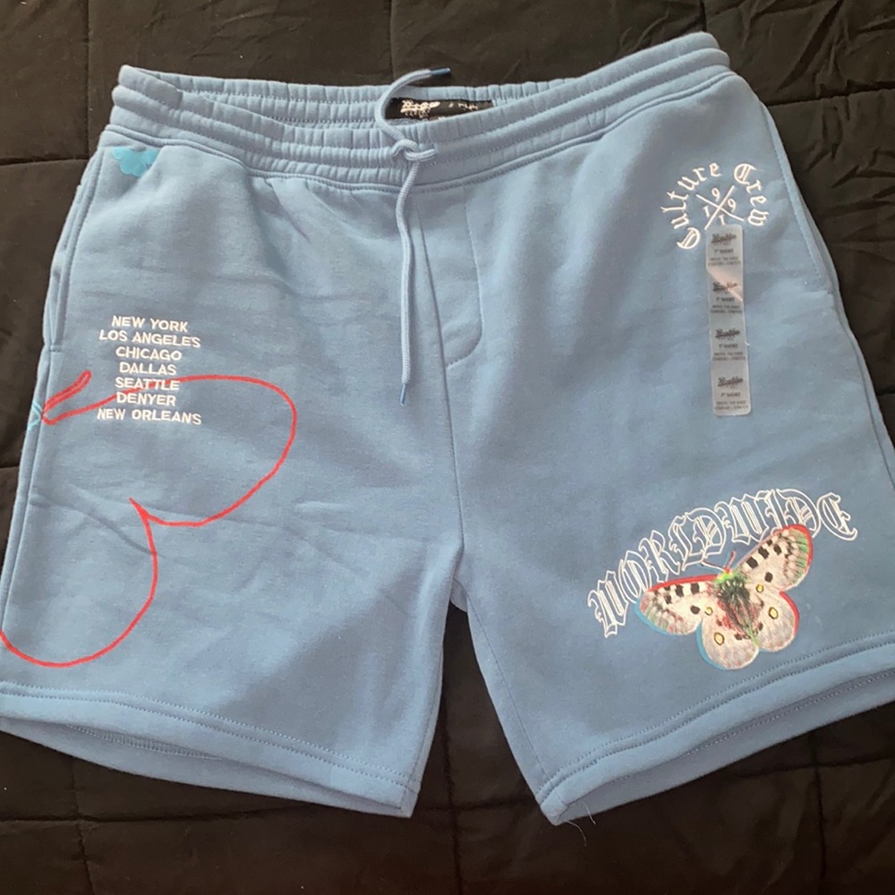 Brooklyn Cloth. M.F.G. Co. cotton, blue shorts. 7” above the knee comfort shorts